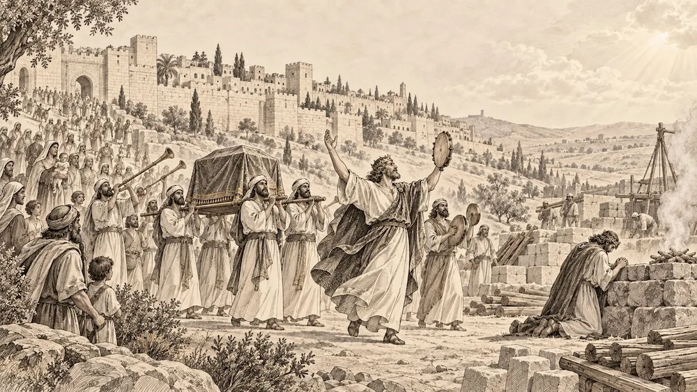 1 Crônicas — Davi conduz a arca da aliança a Jerusalém em meio ao louvor dos levitas. Ao fundo, sua oração e os preparativos para o futuro templo evocam a centralidade da adoração no livro.