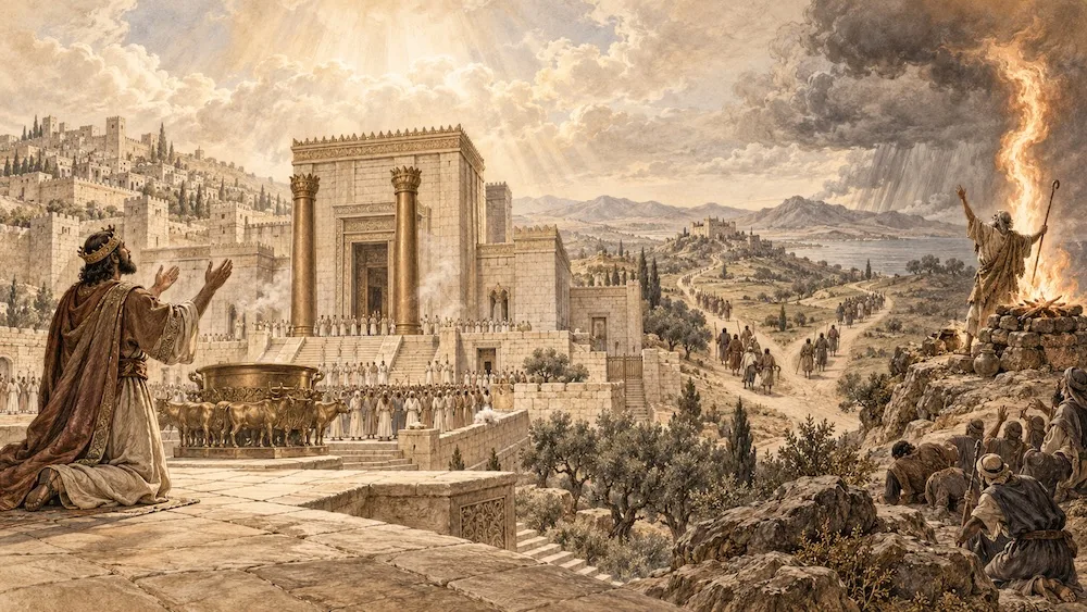 Em uma paisagem que percorre 1 Reis, Salomão dedica o Templo, os caminhos do reino se dividem e Elias confronta a idolatria no monte Carmelo.