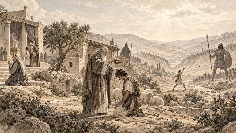 1 Samuel — Gravura em tons de sépia que reúne a oração de Ana em Siló, a unção de Davi por Samuel e o confronto com Golias, retratando a passagem de Israel para a monarquia.