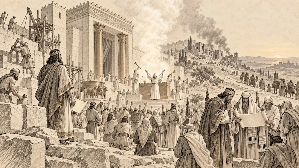 2 Crônicas — A construção e a dedicação do templo abrem o panorama dos reis de Judá. A cena acompanha os chamados à renovação da fé até a destruição de Jerusalém e o exílio.