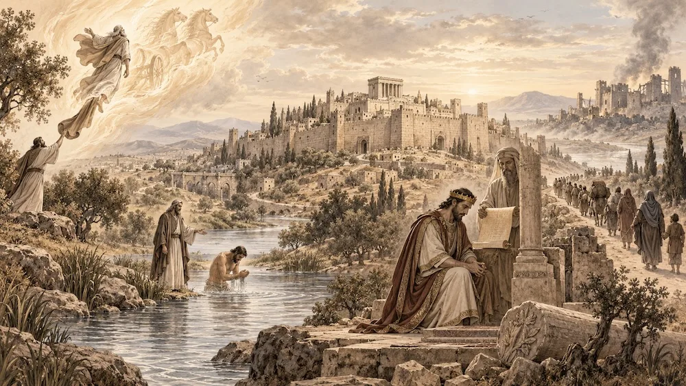 Ilustração de 2 Reis - a partida de Elias, o ministério de Eliseu, a reforma de Josias e o exílio de Judá, em uma paisagem que acompanha a história do povo até a queda de Jerusalém.