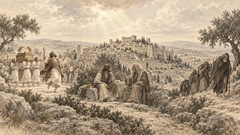 Gravura em sépia que retrata a chegada da arca a Jerusalém, a promessa de Deus à casa de Davi e as provações do rei diante da rebelião de Absalão — temas centrais de 2 Samuel.