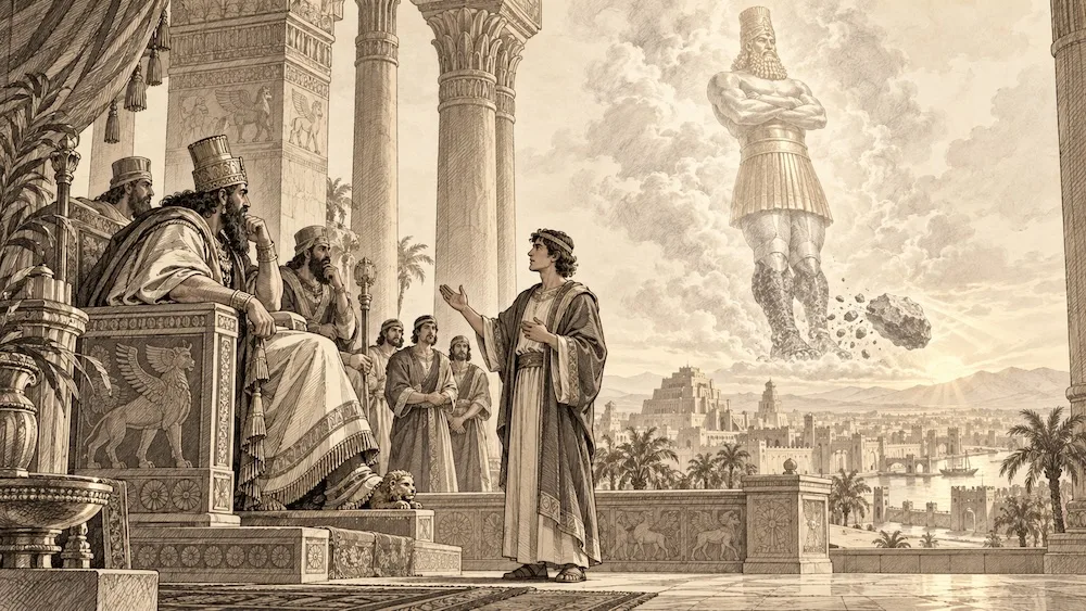 Daniel — Diante de Nabucodonosor, Daniel interpreta o sonho da grande estátua. A figura que se desfaz sob o impacto da pedra representa a passagem dos reinos humanos e a permanência do reino estabelecido por Deus.