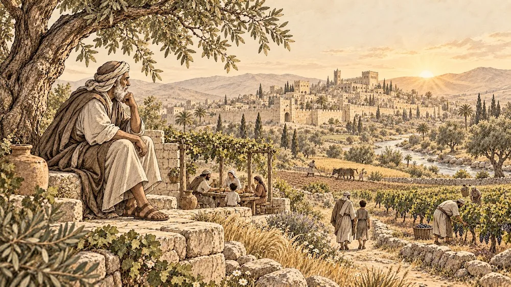 Eclesiastes — Um sábio contempla a passagem do tempo enquanto pessoas trabalham, caminham e compartilham uma refeição. A cena expressa a reflexão do livro sobre a brevidade da vida e a alegria de receber seus dons com gratidão.