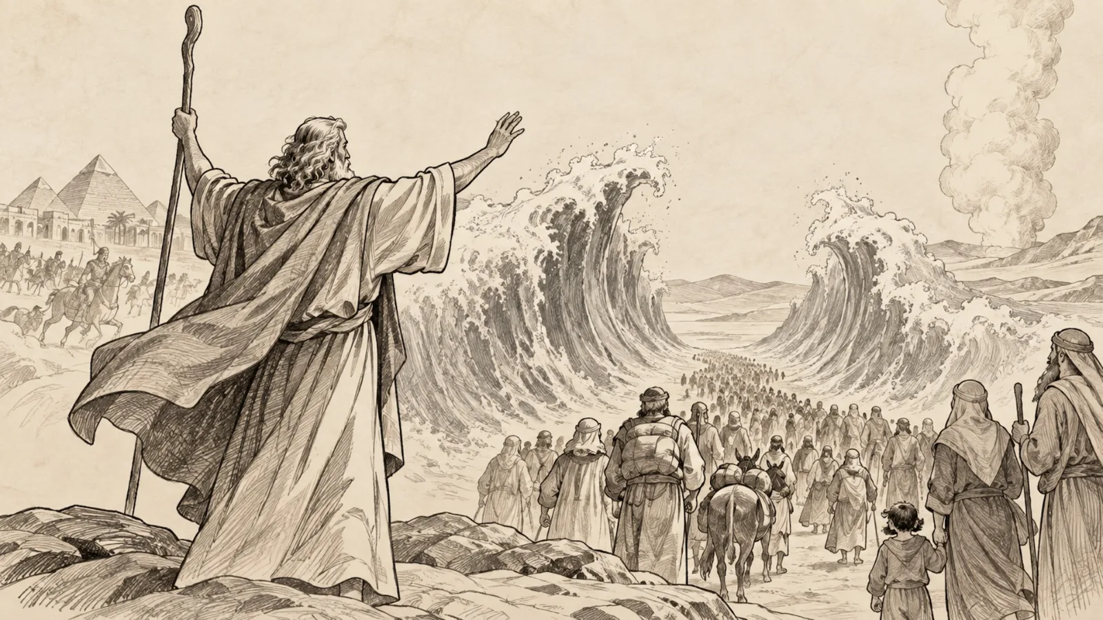 Ilustração do Êxodo, retratando Moisés conduzindo o povo de Israel através do Mar Vermelho rumo à liberdade.