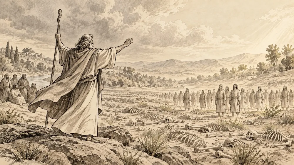 Ezequiel — Diante do vale dos ossos secos, o profeta anuncia a palavra de Deus e contempla a vida surgir onde parecia não haver esperança. A visão representa a promessa de renovação para o povo no exílio.
