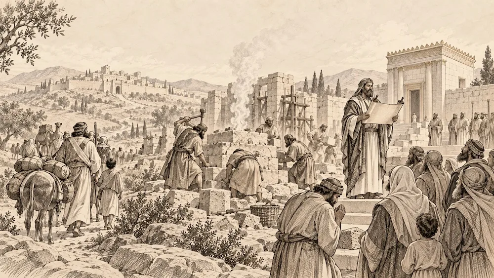 Esdras — O povo retorna do exílio e reconstrói o lugar de culto em Jerusalém. Esdras, dedicado à Lei, representa a restauração da vida espiritual da comunidade.