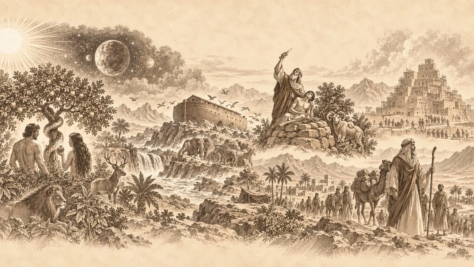 Ilustração do Livro de Gênesis, retratando seus principais acontecimentos: a criação, o Jardim do Éden, Noé e a arca, a Torre de Babel e os patriarcas, destacando os temas de criação, queda, aliança, promessa e redenção.