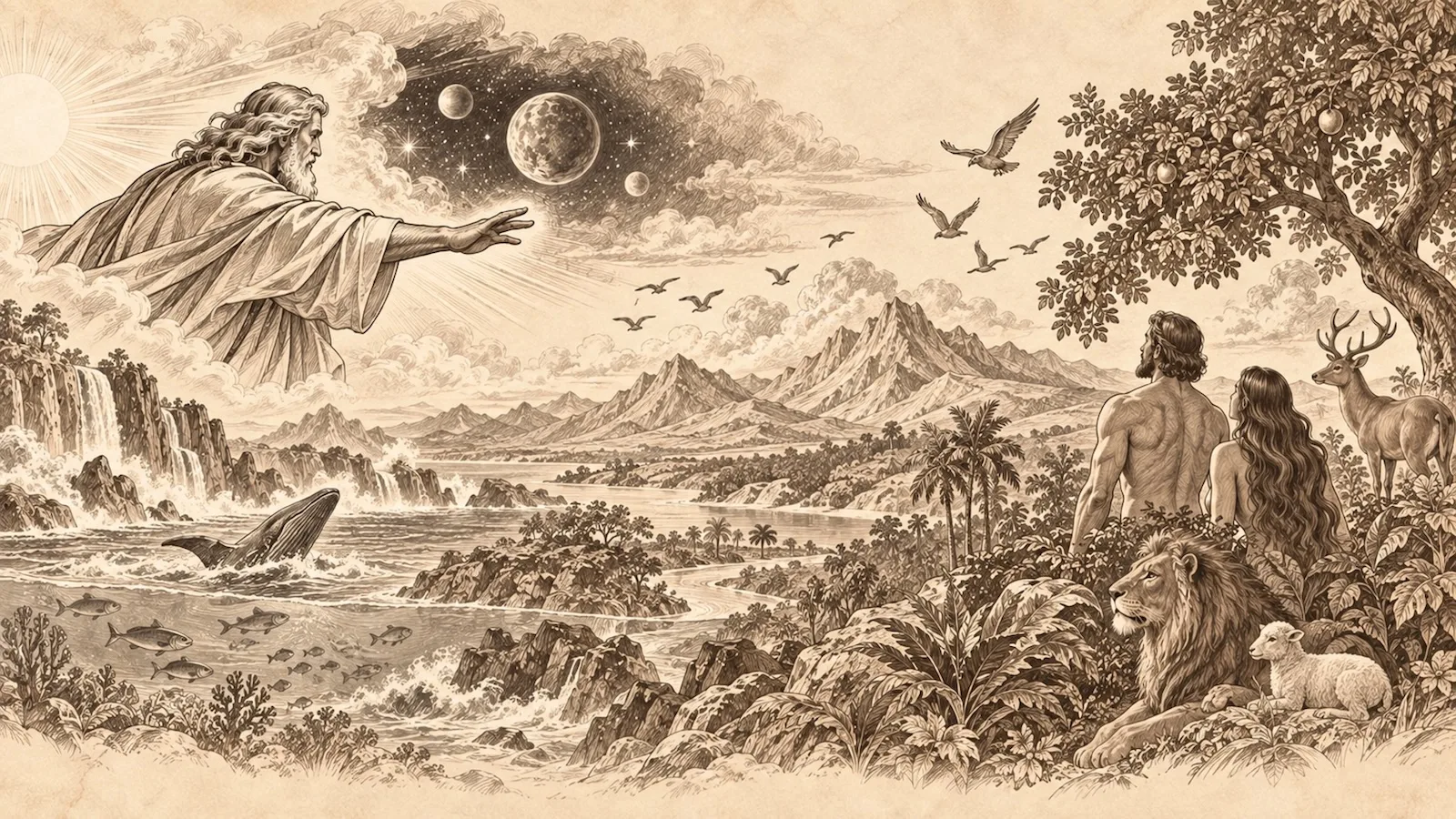 Bloco 1 — A Criação e a Ordem Boa de Deus: ilustração de Gênesis 1, representando a criação divina e a harmonia entre céus, terra, natureza, animais e humanidade.