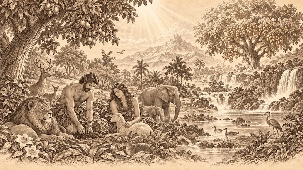 Bloco 2 — O Éden e a Vocação da Imagem de Deus: Adão e Eva no jardim do Éden, vivendo em harmonia com a criação e exercendo a vocação recebida de Deus de cultivar, guardar e cuidar daquilo que Ele criou.