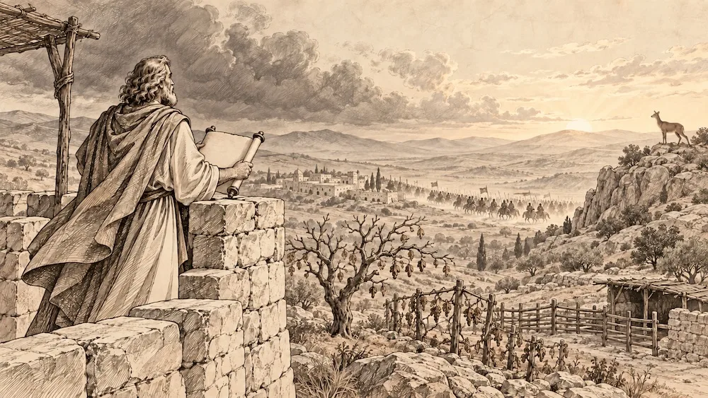 Habacuque — use a segunda imagem, com a corça sem galhadas. Da torre de vigia, o profeta contempla a ameaça que se aproxima. A figueira sem frutos e os campos vazios evocam a escassez; a corça firme sobre a rocha representa a confiança em Deus expressa no fim do livro.