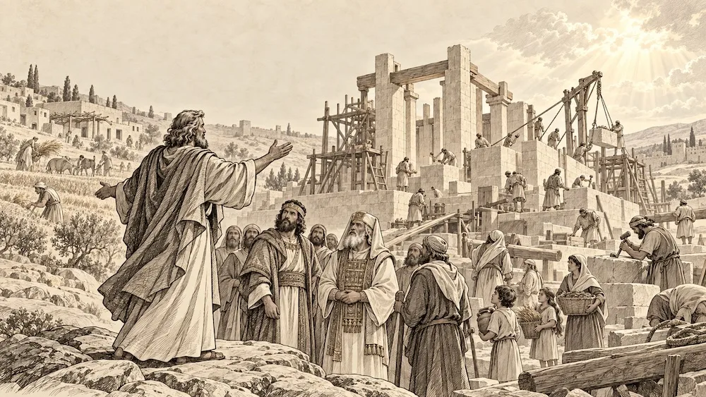 Ageu — O profeta convoca os que retornaram do exílio a retomar a construção do templo em Jerusalém. Trabalhadores e famílias participam da obra, enquanto a luz sobre o edifício evoca a promessa da presença de Deus.