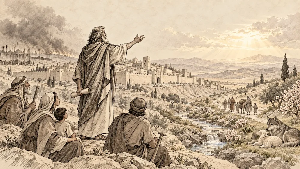 Isaías — Diante de Jerusalém ameaçada, o profeta anuncia advertência e consolo. O caminho aberto, as águas no deserto e o lobo junto ao cordeiro representam a esperança de restauração e paz presente em suas profecias.