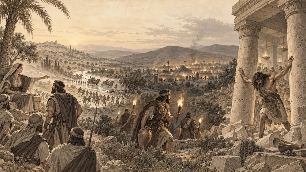 Juízes — Débora, Gideão e Sansão aparecem em uma paisagem contínua que representa os ciclos de opressão, clamor e libertação de Israel.