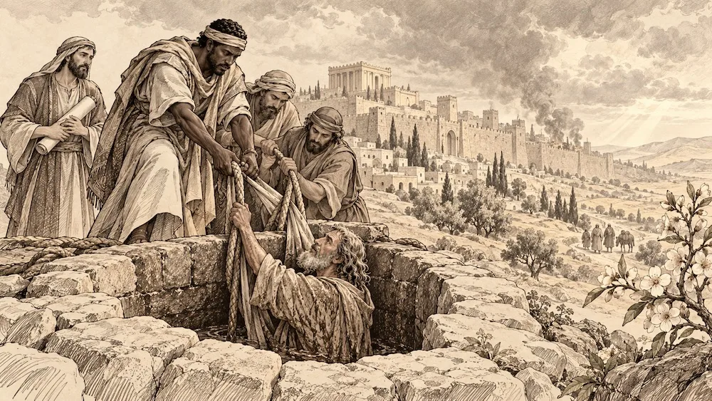 Jeremias — Resgatado da cisterna por Ebede-Meleque e seus auxiliares, o profeta permanece fiel à mensagem que recebeu. Jerusalém sob nuvens escuras anuncia a crise que se aproxima; o ramo florido sugere a esperança além dela.