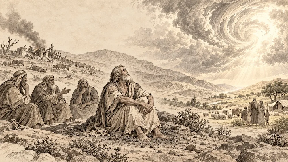 Jó — Em meio às perdas e às conversas com seus amigos, Jó busca compreender seu sofrimento. O redemoinho representa a resposta de Deus; ao longe, a paisagem sugere a restauração narrada no fim do livro.