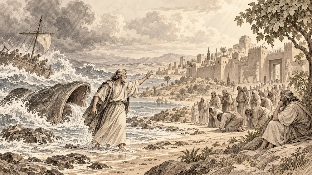 Jonas — A ilustração mostra a tempestade e o grande peixe à esquerda, seguidos pelo caminho de Jonas até Nínive, situada no interior. A resposta dos habitantes da cidade evoca o arrependimento e a misericórdia presentes no livro.