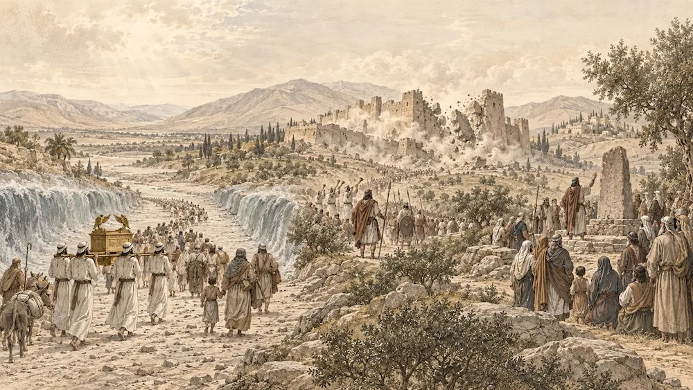 A travessia do Jordão, a queda das muralhas de Jericó e a renovação da aliança em Siquém retratam a entrada de Israel na terra prometida sob a liderança de Josué.