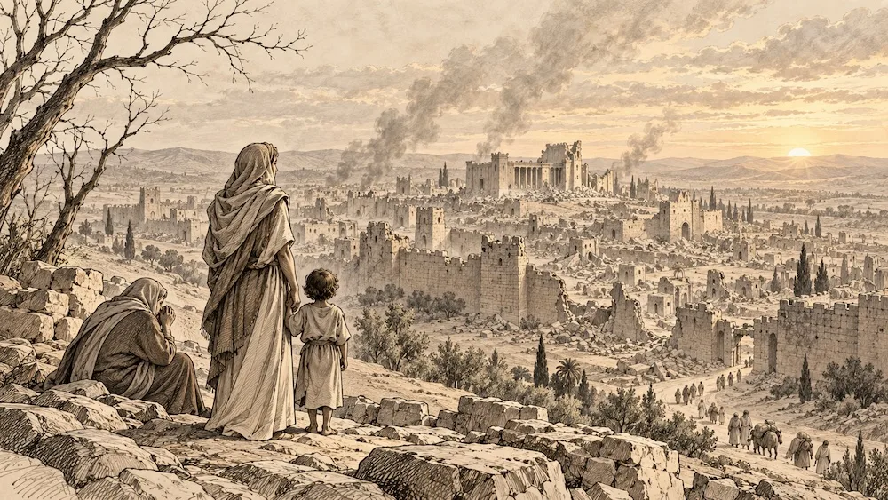 Lamentações — Uma mulher e uma criança contemplam Jerusalém em ruínas, enquanto sobreviventes deixam a cidade. A cena expressa a dor da perda e a esperança discreta na misericórdia de Deus.