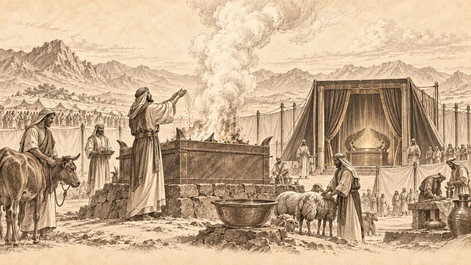 Ilustração de Levítico, destacando o Tabernáculo, o sacerdócio e os sacrifícios como símbolos de santidade, adoração e comunhão com Deus.