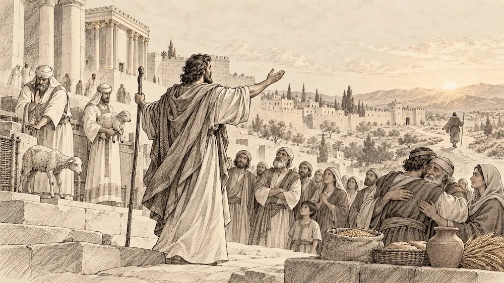 Malaquias — Diante do templo, o profeta chama sacerdotes e povo a uma adoração sincera e à fidelidade nas relações. A reconciliação da família e a luz no caminho evocam a promessa de renovação que encerra o livro.