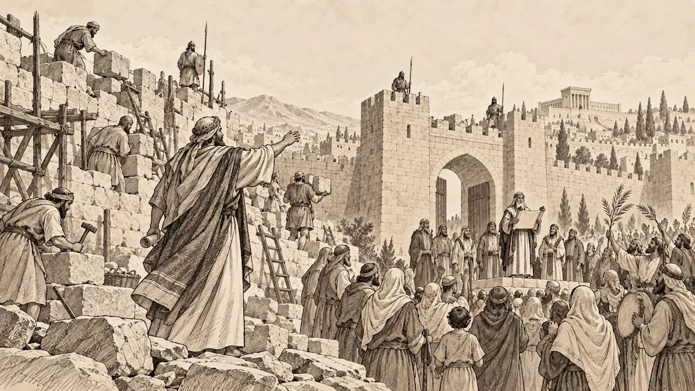 Neemias — Sob a liderança de Neemias, o povo reconstrói os muros e as portas de Jerusalém. A reunião para ouvir a Lei, conduzida por Esdras, representa também a renovação espiritual da comunidade.