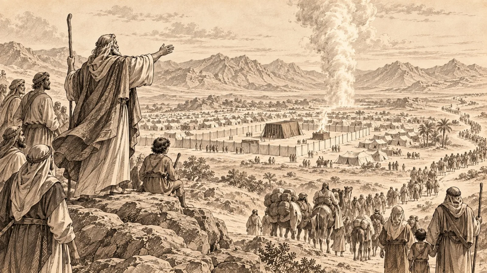 Ilustração do Livro de Números, retratando Israel organizado ao redor do Tabernáculo e sua jornada pelo deserto sob a direção de Deus, em meio aos desafios, à disciplina e à preparação para a Terra Prometida.
