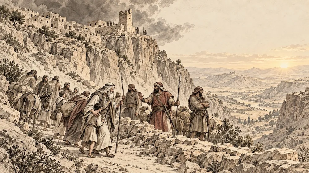Obadias — Fugitivos de Judá encontram resistência no caminho junto às fortalezas de Edom. A cena representa a denúncia do orgulho e da violência contra um povo irmão, enquanto a luz ao longe aponta para a esperança anunciada para Sião.