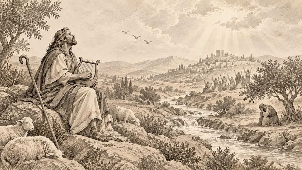 Salmos — Davi com sua harpa, uma pessoa em oração e a comunidade em louvor expressam as muitas vozes do livro. Entre o lamento e a gratidão, a paisagem evoca a confiança em Deus presente nos salmos.