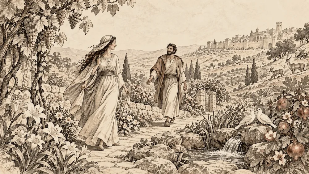 Cântico dos Cânticos — Entre vinhas, flores e águas correntes, os amantes caminham ao encontro um do outro. A paisagem de primavera traduz o desejo, a alegria e a reciprocidade presentes na poesia do livro.