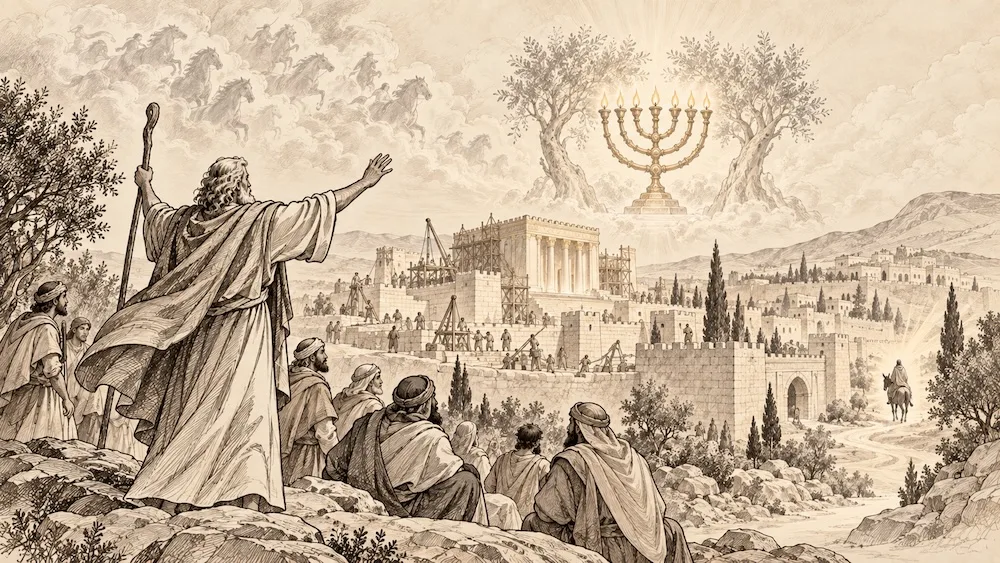 Zacarias — Enquanto Jerusalém e o templo são reconstruídos, o profeta contempla visões de renovação. O candelabro entre as oliveiras e o humilde cavaleiro sobre um jumento representam a esperança anunciada no livro.