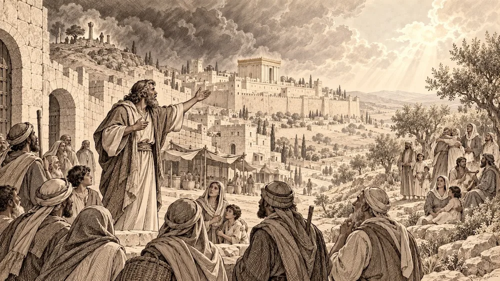 Sofonias — Diante de Jerusalém, o profeta anuncia o Dia do Senhor e chama o povo a buscar justiça e humildade. A luz sobre as famílias reunidas representa a promessa de restauração e alegria que encerra o livro.
